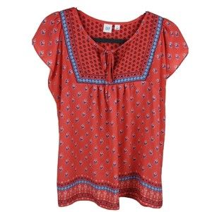 GAP Womens Small Cap Sleeved Peasant Top Red Flower Print Tie Neck NWOT